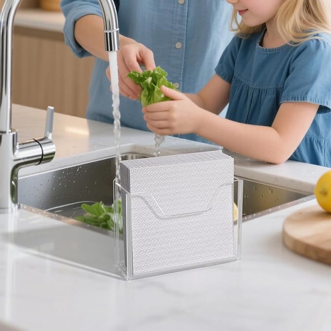 Napkin Holder, Clear Acrylic Guest Paper Towel Holder for Bathroom Washbasin Side, Vertical Rectangular Disposable Hand Towel Paper Waterproof Lucite Holder Organizer for Kitchen Hotel Restaurant Use