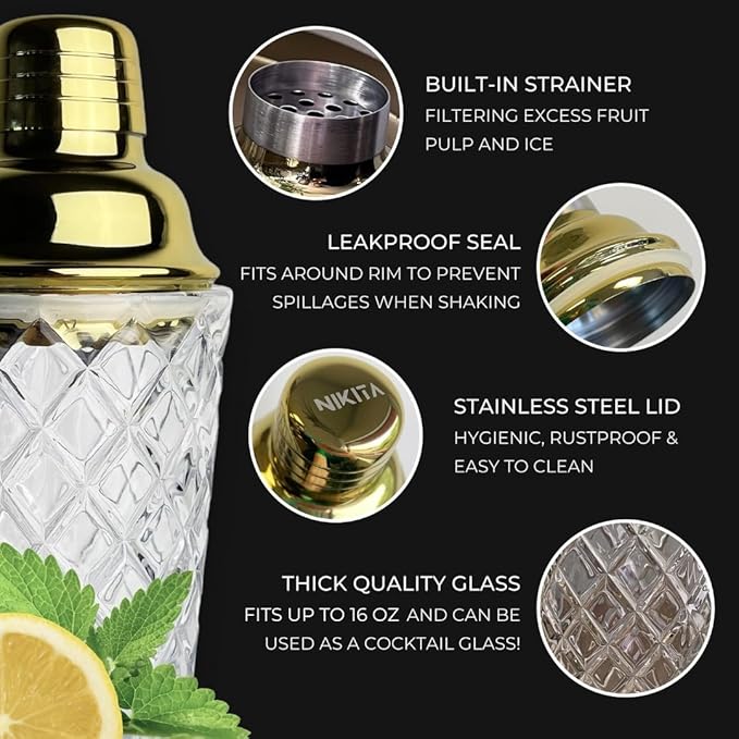 Glass Cocktail Shaker Set - 5 Piece - Gold Martini Shaker Set with Strainer, Jigger, Spoon & Muddler - 16 oz Drink Shakers Cocktail - Ideal Gift for Home Bar & Drink Trolley Décor