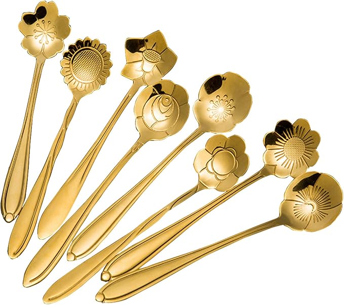 Stainless Steel Tableware Creative Flower Coffee, Sugar, Stir, Mix, Stir Bar, Tea, Cake, Sugar, Dessert Ice Cream Spoon Set of 8, Gold