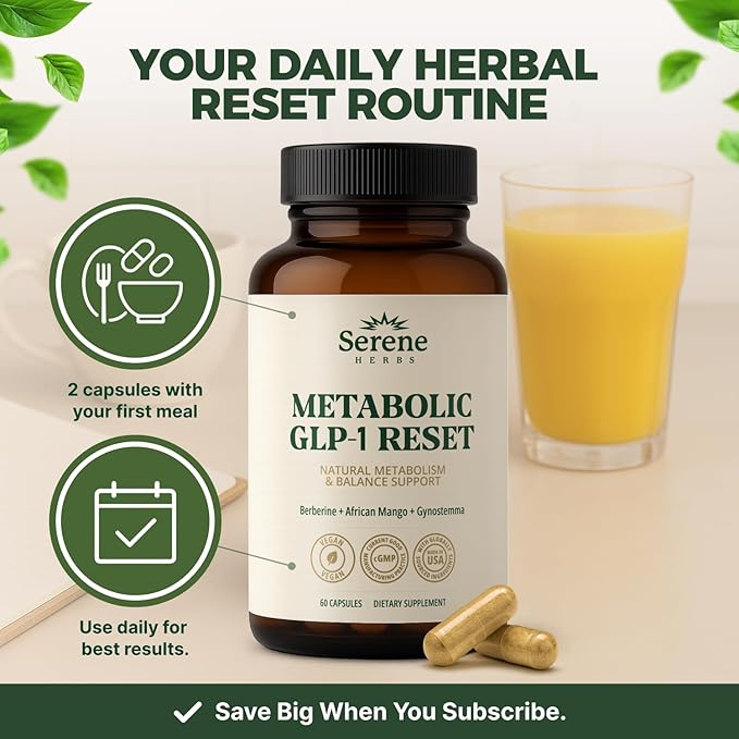Serene Herbs GLP-1 Supplement for Women & Men - Metabolic Reset, Hunger Support with Berberine, InnoSlim, Actiponin - Natural GLP1 Booster to Support Appetite, Gut & Digestion - Vegan - 60 Capsules