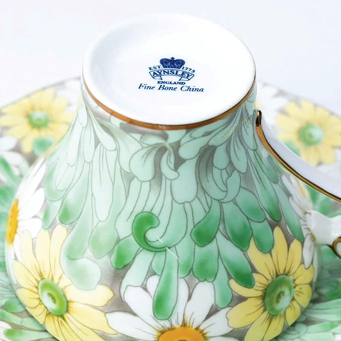 Aynsley Daisy Corset Fine Bone China Teacup and Saucer Set - 5.07oz Hand-Painted Gold-Trimmed Corset-Shape Set, Fancy Gift for Birthdays/Mother’s Day/Tea Lovers(Green)