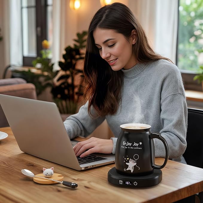 Coffee Mug Warmer with Cute Cat Mug Set, 8 Hour Auto Shut Off Cup Warmer for Desk Office Home, Candle Beverage Electric Coffee Warmer with 4 Temperature Setting, Christmas Birthday Ideas for Women Men