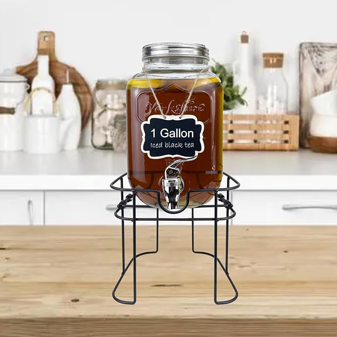 1 Gallon Glass Drink Dispenser for Parties, 1PCS Juice Lemonade Ice Tea Water Dispenser with Stand, HENABLE Beverage Dispensers with Spigot for BBQ, Picnic, Party