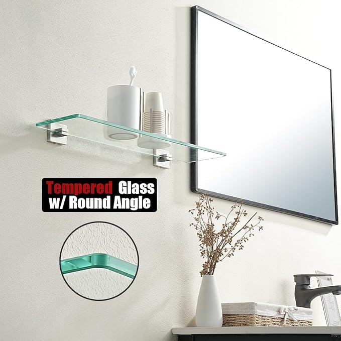 JQK Bathroom Glass Shelf, Floating Tempered Glass Shower Storage 20 by 5 inches, 304 Stainless Steel Brushed Finish Wall Mount 2 Pack 2 Pack, TGS201L20-BN-P2