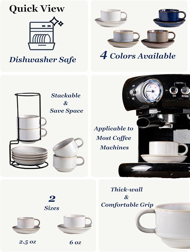 Gomakren 6 Ounce Cappuccino Cups with Saucers and Metal Stand, Stackable Coffee Cup Set of 4, Christmas Porcelain Espresso Cups for Coffee Drinks, Cappuccino, Latte, Americano, Tea, White