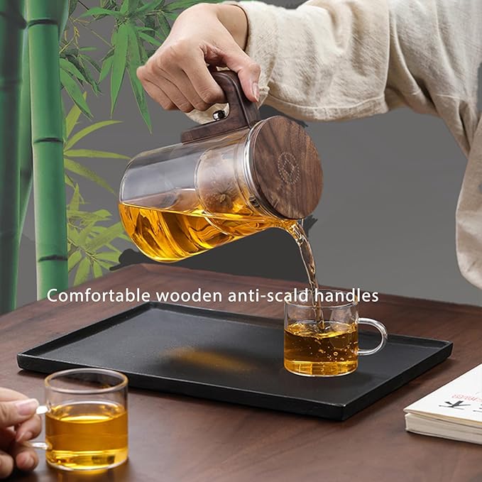 Enchanti Tea Pot, Witchcraft Magical Enchanted Glass Teapot with Strainer, Magnetic Filtration Pot with Handle, for Home, Gifting, Outdoor and Office (Solid Wooden handle 800)