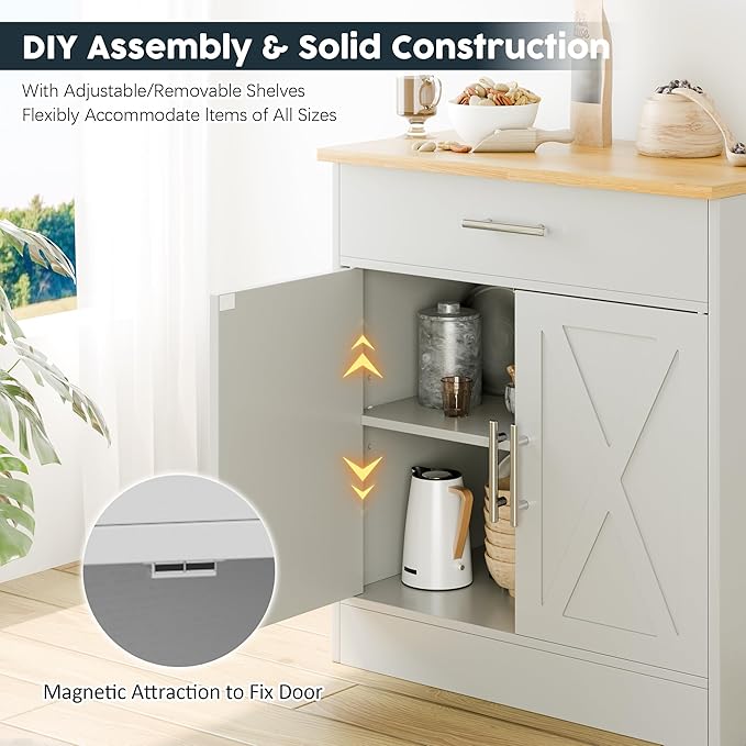 SUNLEI Coffee Bar Cabinet, Wooden Storage Cabinet with 2 Doors & 1 Drawers, Modern Farmhouse Kitchen Buffet Sideboard Cabinet with Storage for Living Room, Adjustable Shelf, White&Yellow