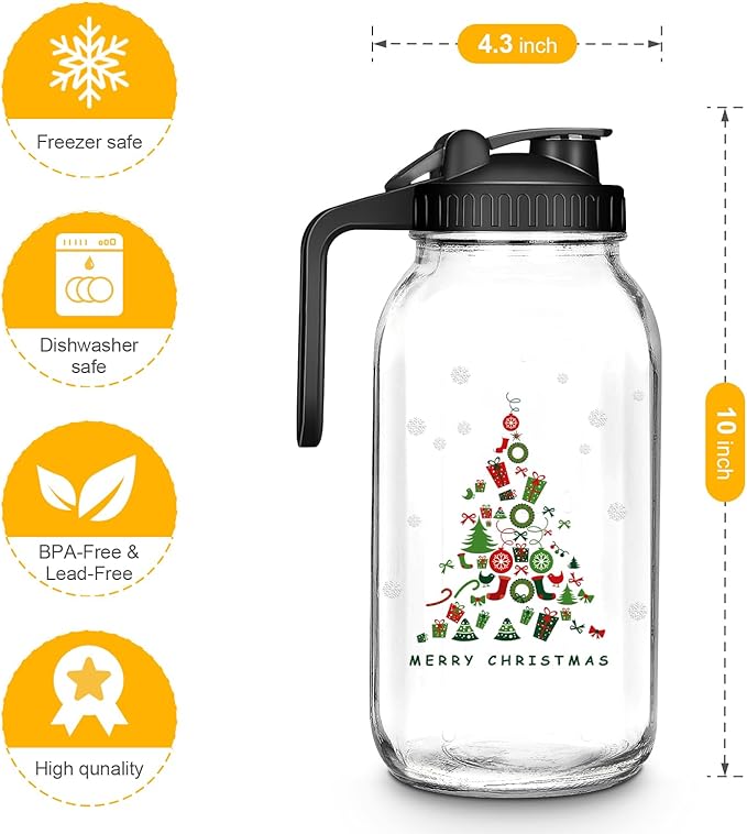 Mason Jar Pitcher, 63 OZ Glass Pitcher with Lid Double Leak-proof with Handle Water Jug Wide Mouth Breast Milk Pitcher Fridge Container for Water, Juice, Iced Coffee, Tea, Juice （Christmas tree）
