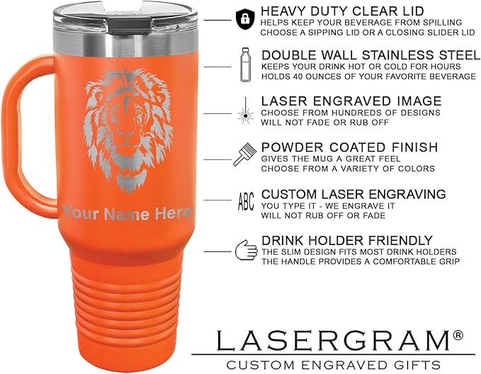LaserGram 40oz Vacuum Insulated Travel Mug with Handle, Tiki Statue, Personalized Engraving Included (Orange)