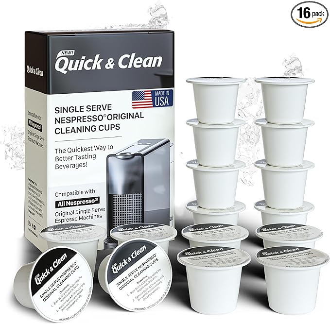 Quick & Clean 16-Pack Cleaning Pods Compatible with Nespresso Original Single Serve Espresso Machines - Removes Stains, Non-Toxic and Eco-Friendly