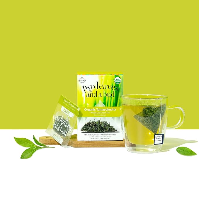 Two Leaves and a Bud Organic Tamayokucha Tea Bags, Whole Leaf Tea in Compostable Sachets, Japanese Green Tea, Light Flavor, 15 Count (Pack of 6)