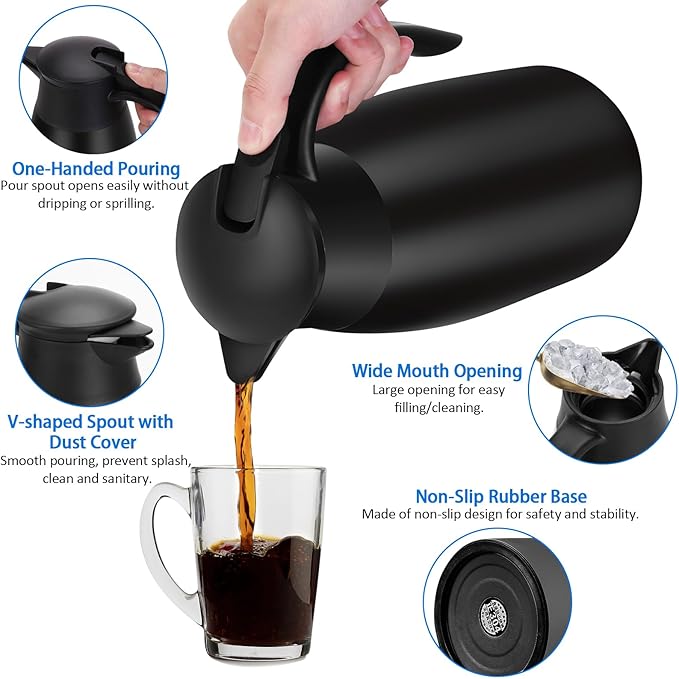 68OZ Thermal Coffee Carafes for Keeping Hot, 2 Liter Stainless Steel Thermal Carafe, Double Wall Vacuum Insulated Pitcher Tea Pot for Coffee Tea Keep Hot 12 Hours, Black