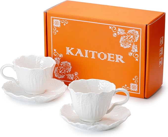 2 Pack White Ceramic Cups and Saucers Coffee Cups with Cabbage Floral Design 200ml (7 oz) Tea Cups for Espresso, Latte, Porcelain Mugs