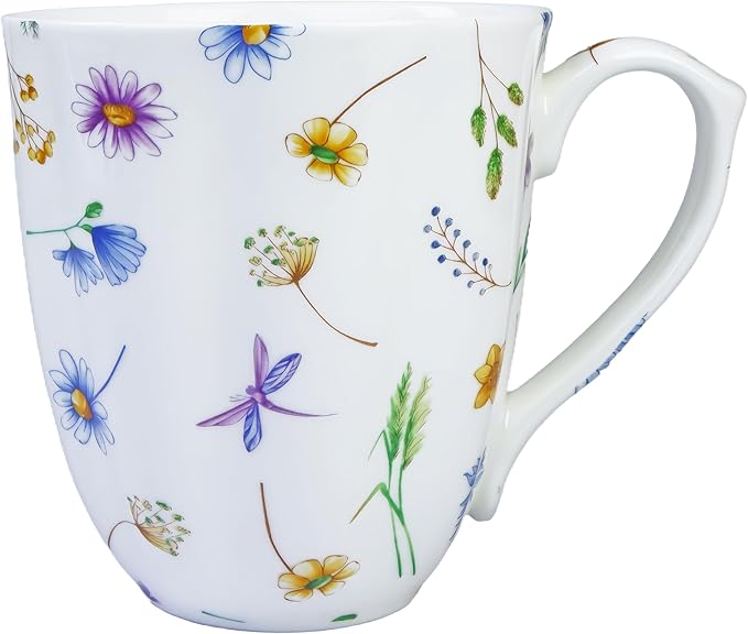 14oz Bone China Coffee Mug Floral Bone Mug Cute Coffee Mug Teacup for Women Mom Friend (flower with grass)