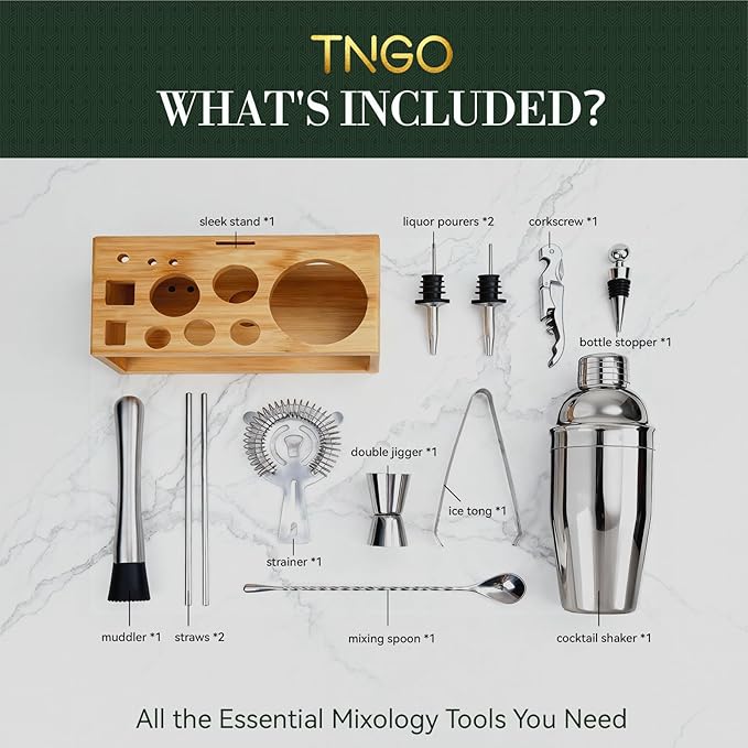 TNGO Cocktail Shaker Set - Mixology Bartender Kit with Sleek Stand - Premium Bar Tool Set All Bar Accessories Includes Martini Shaker Drink Mixer, Muddler, Jigger, Strainer, Bar Mixer Spoon