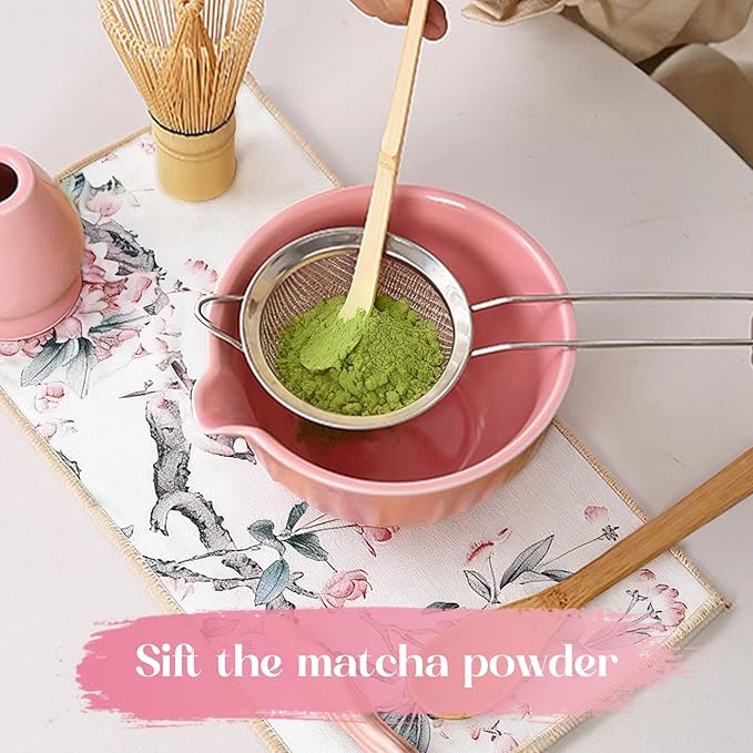 Matcha Whisk Set, 8 Pcs Matcha Kit Includes Matcha Bowl with Spout, Bamboo Whisk, Ceramic Holder, Bamboo Scoop x2, Scoop Rest, Stainless Sifter and Tea Towel, Gift for Matcha Lover (Pink)