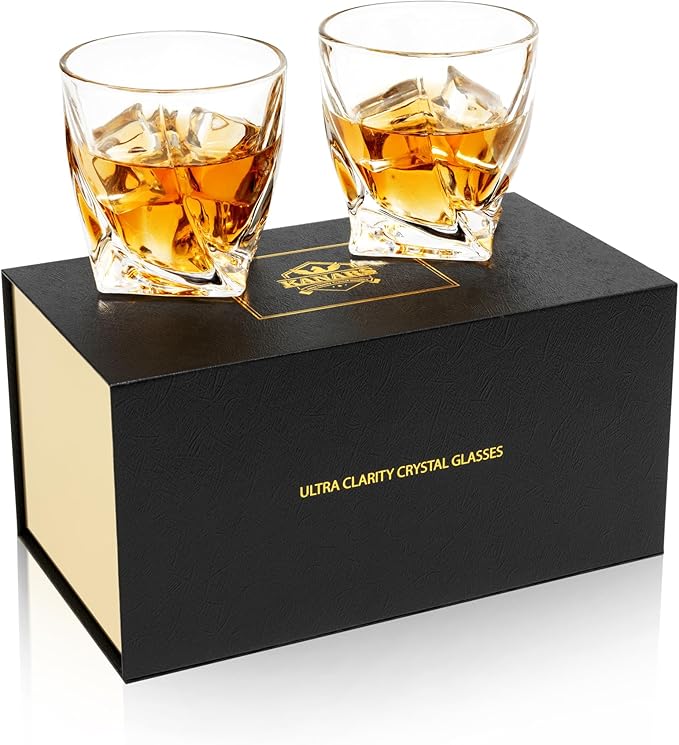 KANARS Old Fashioned Whiskey Glasses with Luxury Box - 10 Oz Twisted Liquor Tumblers for Scotch, Bourbon, and Cocktail Drinks - Set of 2 - Men Gift for Christmas Birthday Anniversary