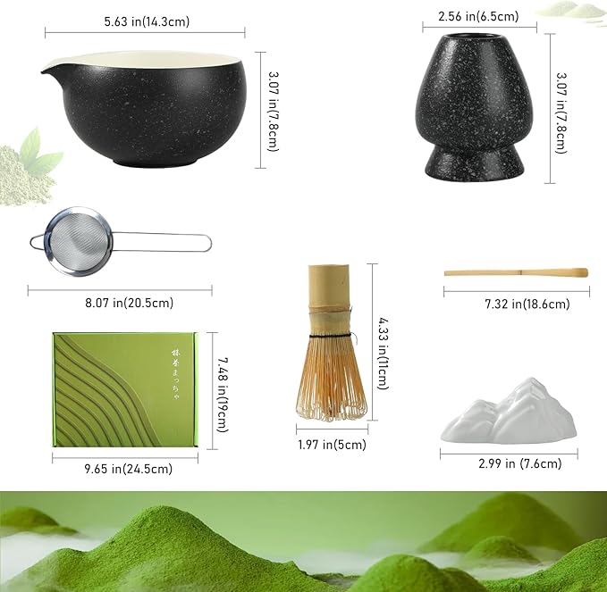 Matcha Whisk Set, Ceramic Matcha Bowl with Spout, Bamboo Whisk, Scoop, Sifter, Holder, Tea Towel, 7-Piece Matcha Kit for Making Breakfast/Latte