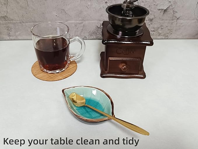 Coffee Spoon and Rest for Coffee Bar Accessories, Leaf Small Spoon Rest for Coffee Station, Tea Spoon Rest Tea Spoon Holder Teaspoon Rest, 1 PC (Ice Cracks Lake Blue with Gold Rose Spoon)