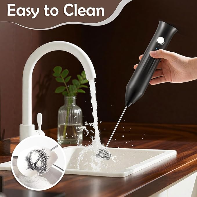 Milk Frother Handheld Rechargeable, Frother Wand Drink Mixer Electric Whisk for Coffee, Detachable With 2 Stainless Whisks, Hand Mixer for Lattes, Matcha, Egg, Gift for Christmas(Black)