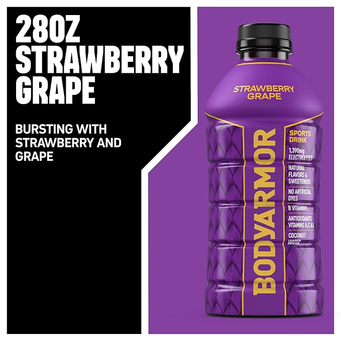 BODYARMOR Sports Drink, Strawberry Grape, Electrolyte Drink Hydration, 28 Fl Oz Bottles (15 Pack), Flavored Coconut Water with B Vitamins & Antioxidants