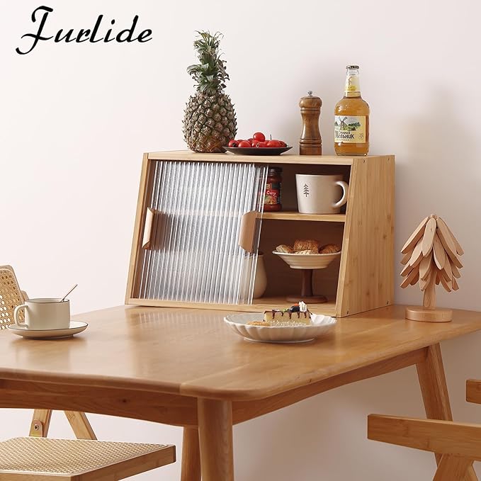 Wooden Kitchen Sideboard, Small Bamboo Countertop Organizer, Tabletop Cabinet with 2 Glass Sliding Door, Counter Cabinet for Kitchen, Living Room, Dinning Area and Bathroom, Wood