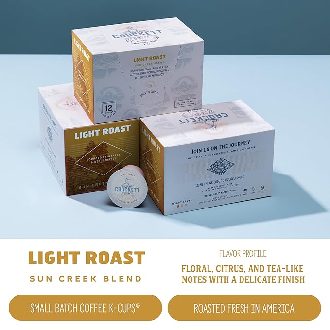 Crockett K Cups Coffee – Smooth Light Roast Coffee Pods with Bright Flavor, Clean Finish & Subtle Citrus Notes – Convenient Single Serve for Daily Clarity, Focus & a Lighter Brew That Lasts