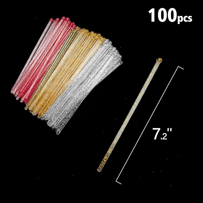 100-PCS Gold Silver Red Glitter Plastic Swizzle Sticks, Crystal Cake Pops, Cocktail Coffee Drink Stirrers, Stir Sticks for Christmas Party, 7.24 Inch