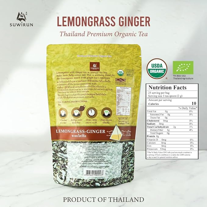 Suwirun Organic Lemongrass & Ginger Tea 25 Bags – Product of Thailand – Warming & Soothing Herbal Tea, Caffeine-Free, No Calories, Refreshing & Digestive Support