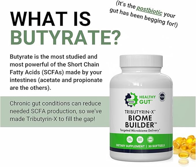 Healthy Gut Tributyrin-X | Most Bioavailable Butyrate Postbiotic for Gut Health & Leaky Gut Support | 99% Pure w/Zero Odor | 30 Softgels
