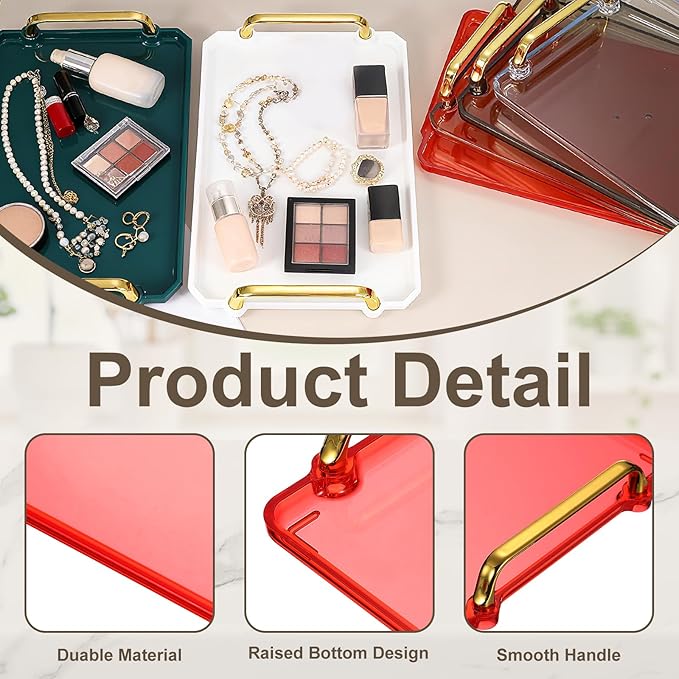 uxcell Plastic Serving Tray with Golden Handle, 16 x 8.7 Modern Rectangular Decorative Tray Acrylic Reusable Tea Platter for Countertop Bathroom Kitchen Home Restaurant, Clear Red