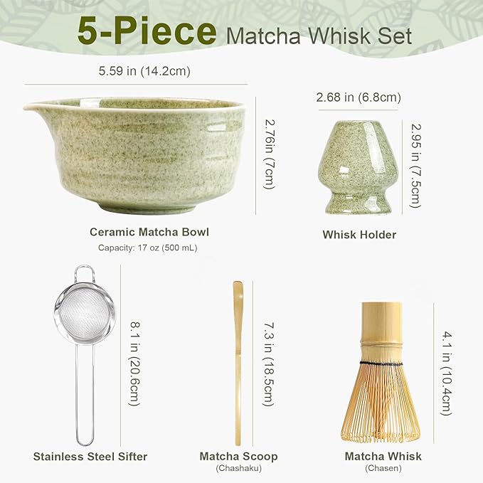 Matcha Set, 5 Pcs Matcha Whisk Set Includes Ceramic Matcha Bowl with Spout, Bamboo Matcha Whisk Chasen, Holder,Scoop,Sifter, Matcha Kit for Making Breakfast & Latte, Gift for beginners(Green)