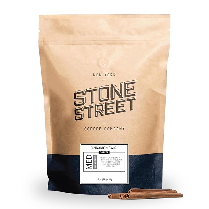 Stone Street Flavored Ground Coffee, Cinnamon Swirl, Freshly Roasted, 100% Colombian Arabica, Gourmet Coffee, Medium Roast, Sweet Cinnamon Roll Flavor, 1 LB