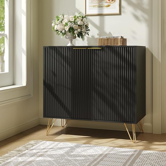 Fluted Storage Cabinet, 2 Doors Sideboard Buffet Cabinet, Modern Wood Accent Table with Adjustable Shelves, Console Table for Living Room, Hallway, Entryway, Black