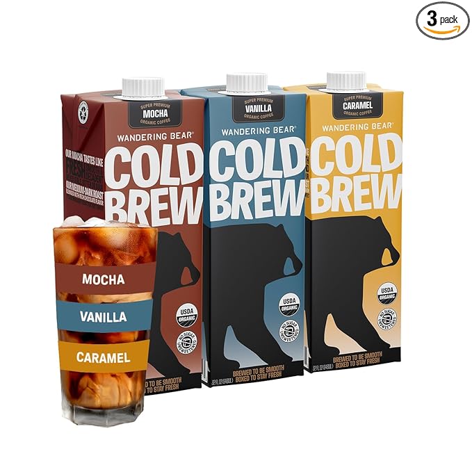Wandering Bear Organic Cold Brew Coffee Variety Pack - Extra Strong, Bold, Smooth, Unsweetened, Shelf-Stable, Ready to Drink, Iced Cold Brewed Coffee Drink - 32 fl oz (3pk - Vanilla, Caramel, Mocha)