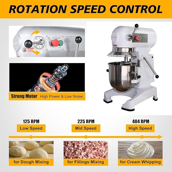Hakka Electric 10 Qt Stand Mixer 750W Stainless Steel Commercial Industrial Food Mixer 110V/60Hz Heavy Duty Planetary Bread Pizza Countertop Mixer with 3 Adjustable Speeds