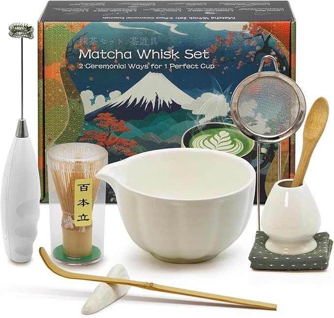 Matcha Whisk Set Incl. Ceramic Bowl With Spout, Whisk (Chasen), Stand, Bamboo Scoop, Sifter, Electric Frother, Tea Towel etc. 9 Pcs Matcha Making Starter Kit, White
