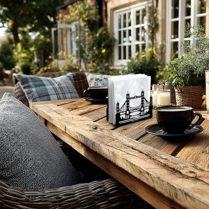 Bridge Decorative Black Metal Napkin Holder for Table, 5.3" x 4.1" x 1.9" Bridge Standing Napkin Holder for Home Kitchen Restaurant Picnic Party Coffee Bar Dining Room