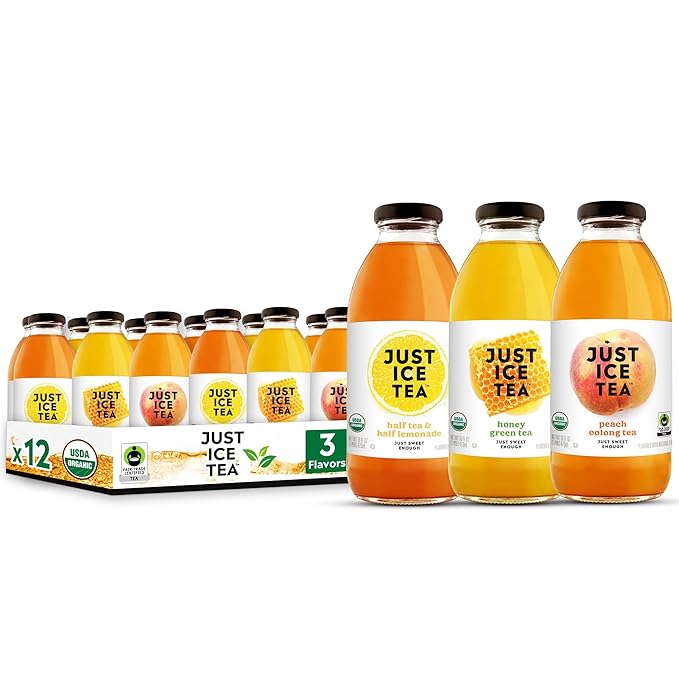 Just Ice Tea Organic Iced Tea, 3 Flavor Variety, 16 Fl Oz Glass Bottles (Pack of 12)