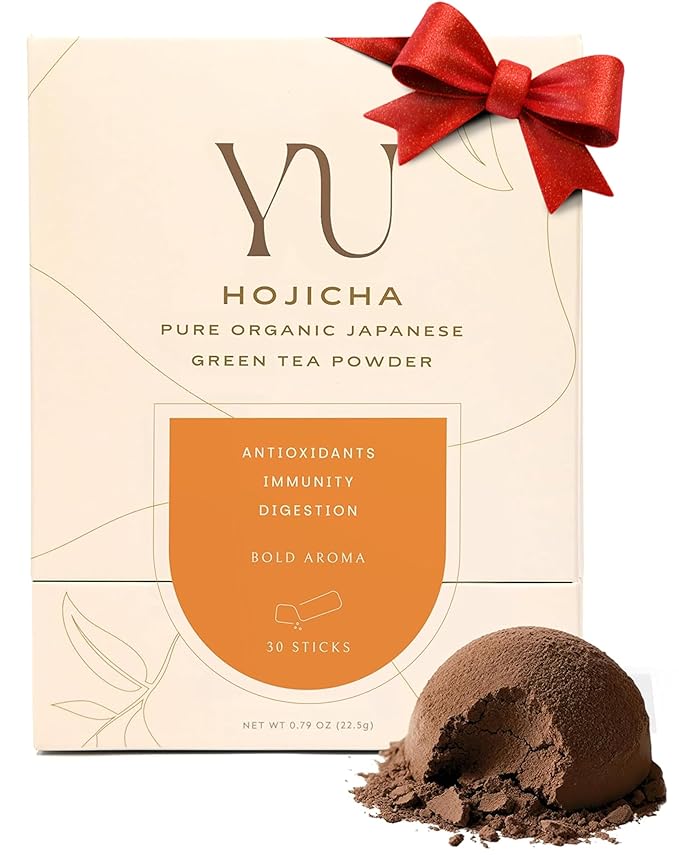 Yu Tea Organic Hojicha Green Tea Powder, 30 Instant Packets | Rich in Antioxidants & EGCG | Pure Japanese Roasted Green Tea | Low Caffeine & Unsweetened Matcha Alternative | Single Serve Sticks