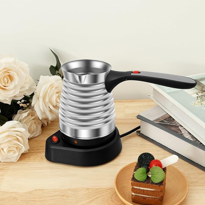 Turkish Coffee Maker, Stainless Steel 500ml Turkish Coffee Machine with Folding Handle, 5 to 6 Cups Capacity Turkish Coffee Pot, Electric Coffee Tea Warmer Kettle for Home Travel (Thread)