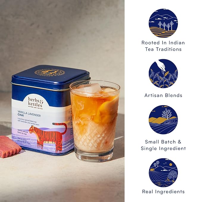 Herbs & Kettles Vanilla Lavender Chai | Assam Black Tea with Real Vanilla Bean, Lavender Flowers, Cardamom, Cinnamon & Ginger | Floral Loose Leaf Blend | Makes 10-14 Servings | Premium Tea Gift