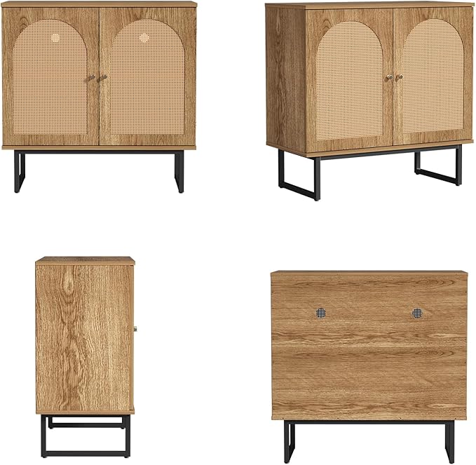Sideboard Buffet Cabinet with Rattan Doors, Boho Storage Cabinet with Metal Legs, Wooden Accent Furniture for Dining/Living Room, Hallway, Entryway (Natural, 2 Doors)