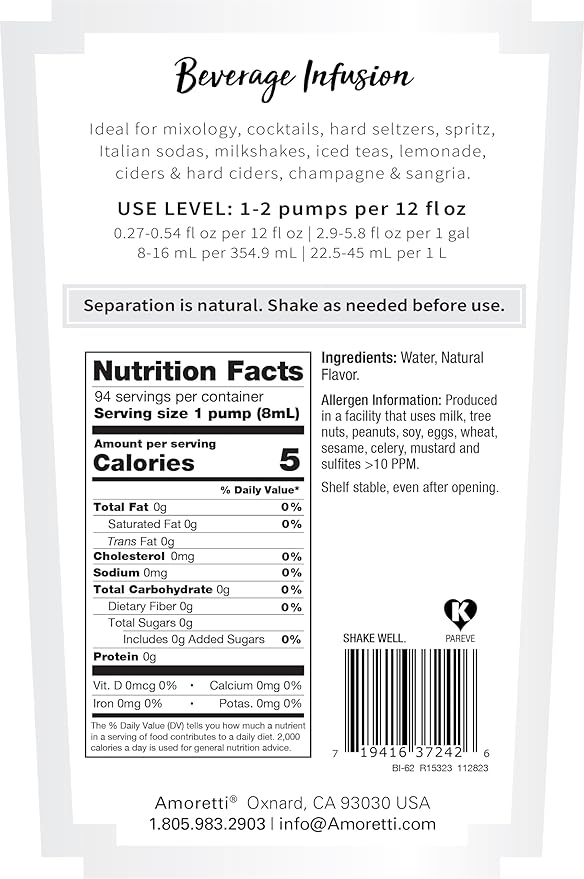 Amoretti - Vodka Beverage Infusion - Drink Mix & Water Enhancer with Pump for Flavoring Cocktails, Waters, Teas, and other Beverages, 94 Servings Per Bottle (750 ml), Preservative Free