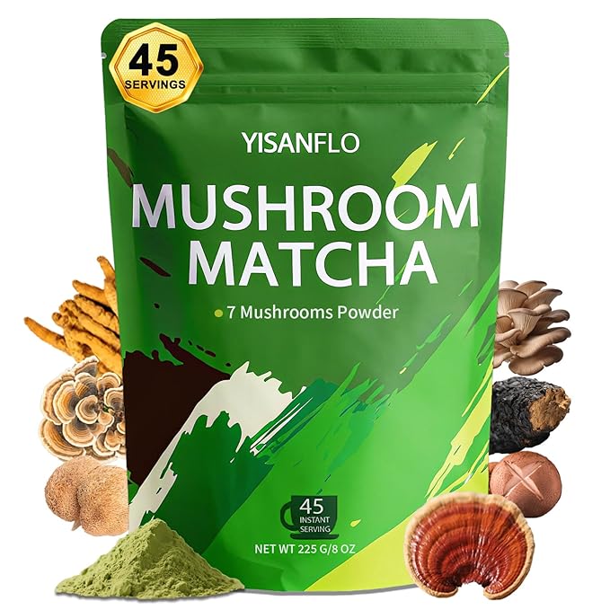 YISANFLO 7-in-1 Mushroom Matcha for Energy, Focus, Digestion, Immunity, Turkey Tail, Shiitake, Lion's Mane, Ceremonial-Grade Matcha 8 Oz(45 Servings)