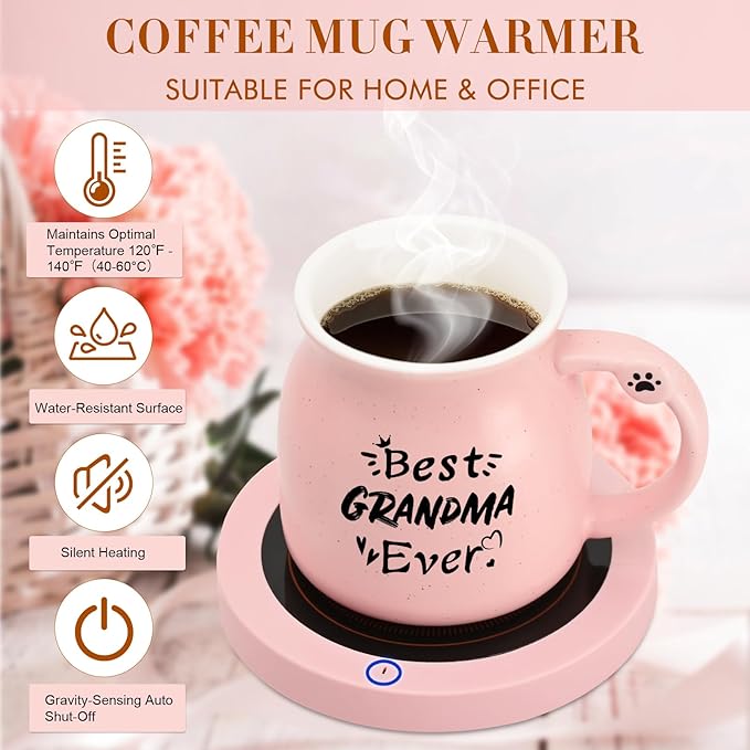 Coffee Mug Warmer, Best Grandma Ever Mug, Cute Cat Mug Set, Coffee Cup Warmer for Desk, Gifts for Grandma, Pink Heated Coffee Warmer for Nana Home Office Christmas Birthday Gifts