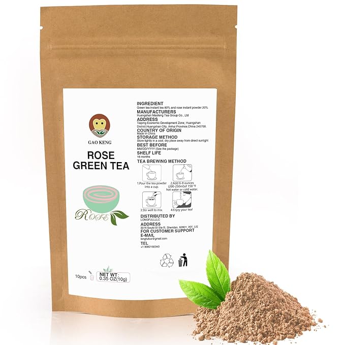 Taiping HK Rose Instant Green Tea Classic-100% Tea Leaves 10 Single Serve Stick Packs Unsweetened No Additives On-the-Go for Travel, Work, Outdoors , Helps Support Digestive Health Hot or Iced Teas (10Count)