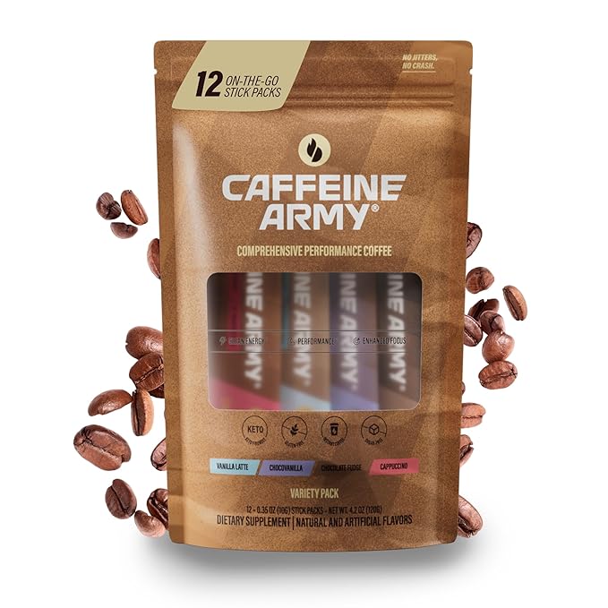 CAFFEINE ARMY Variety Pack | Comprehensive Functional Coffee with MCTs, CoQ10, Collagen and Adaptogens: Clean Energy + Supports Daily Attention, No Jitters or Crash |12 Stick (4.02 oz)