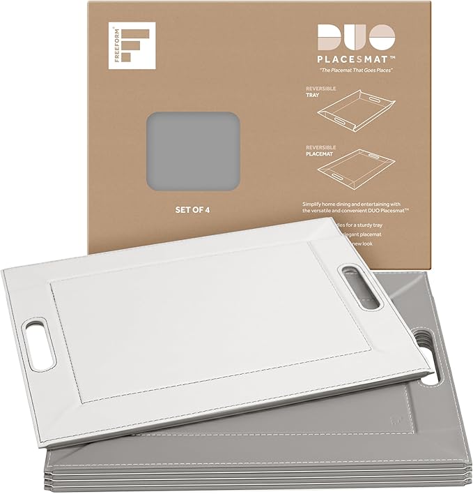 PLACEsMAT 2-in-1 Faux Leather Placemat & Serving Tray | Reversible Design, Lays Flat & Easy to Clean | Ottoman Food Tray, Perfect Housewarming Gift, 18” x 14” (Grey & White, Set of 4)