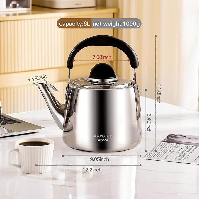 Tea Kettle, 18/8 Stainless Steel Whistling Teapot, 6.34 Quart, Fast Boiling, Anti-Hot Wood Handle (6L,Silver)